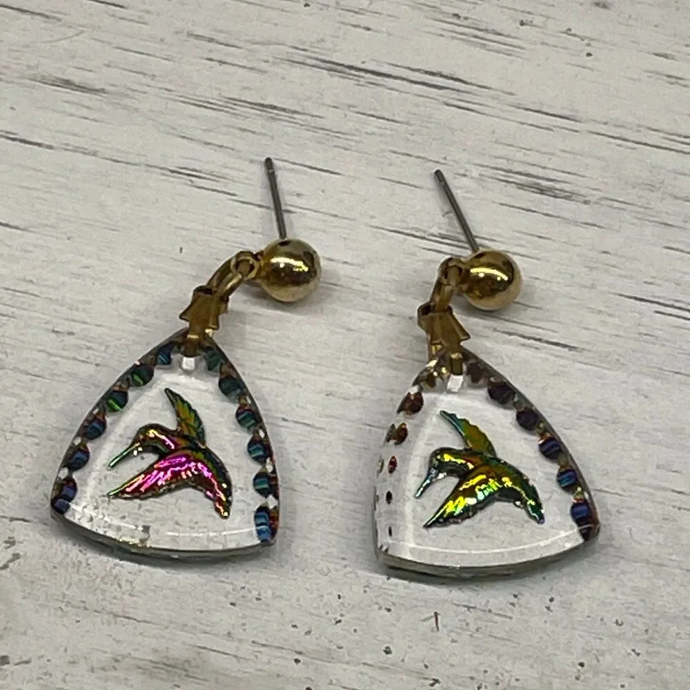Glass Hummingbird Drop Dangle Earrings Hand-Painted Iridescent Design